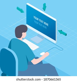 Character Sitting at Desk, Looking at Computer. Online Education Concept. Flat Isometric Vector Illustration.
