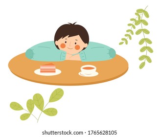 The character is sitting with his head in his hands. On the table is a cup and cake. A child is drinking tea with a cupcake. Illustration on a white background.