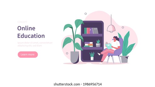 Character sitting at home and reading book in online library on smartphone. Student girl with open book in hands studying in library. Online education concept. Flat cartoon vector illustration.