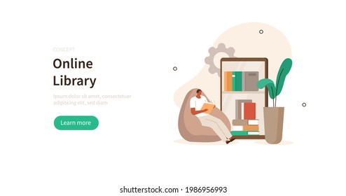 Character sitting at home and reading book in online library on smartphone. Student with open book in hands studying in library.  Online education concept. Flat cartoon vector illustration.