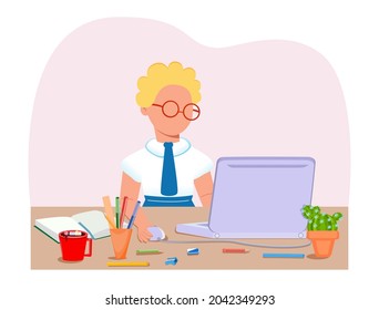 The character is sitting at a laptop. Back to school. College. Institute. School. House. Business. Job. Education. Flat style. Vector.