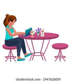The character is sitting at a laptop in a cafe at a table. Online work, training. Communication via the Internet, job search. Freelancer. Free schedule. Cartoon style