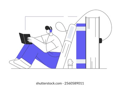 Character sitting near pile of books with headphones and listen them online. Concept of online reading or library, e-book, online education. Trendy Flat Cartoon Vector Illustration, icon. Stylish