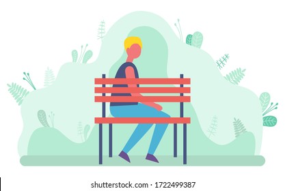 Character sitting on bench in park vector, male relaxing. Person surrounded by nature and calmness. Flat style male blond waiting for someone in forest