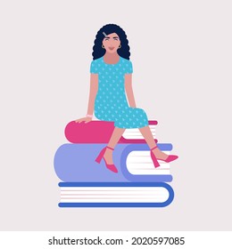 Character sitting on books. Education concept, reading books, gaining knowledge. Vector illustration in a flat style