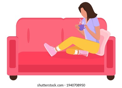 The character is sitting on the couch and holding a cup of tea or coffee. The concept of spending time alone during relaxation or treatment. Quarantine isolation. Vacation, self-care. Stay indoors