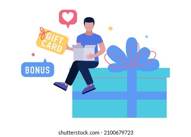Character is sitting on a large gift and holding a gift card. Vector illustration in a flat style