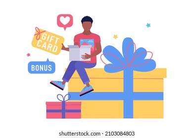 Character is sitting on a large gift and holding a gift card. Vector illustration in a flat style