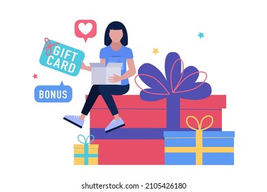 Character is sitting on a large gift and holding a gift card. Vector illustration in a flat style