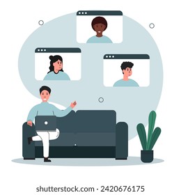 Character is sitting on a sofa with a laptop. Businessman holds an online meeting with his colleagues. The concept of remote work. Vector illustration.