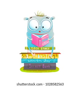 Character Sitting on Stack of Books Reading. Study and read cutie happy monster. Vector illustration.