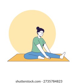  A character sitting on a yellow mat performing a leg stretch Flat Design