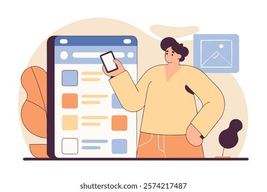 a character sitting with a phone in hand