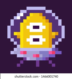 Character sitting in spaceship vector, alien floating in space, pixelated personage of 8 bit pixel game, ufo monster with prolonged head shape flat style, pixel cosmic monster for mobile app games