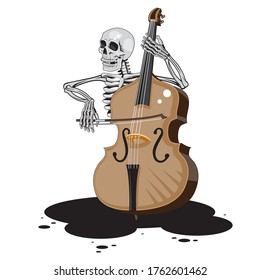 The character skeleton plays the double bass on a white isolated background. Vector image eps 10