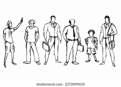 Character sketch of man in different ages. A baby, a child, a teenager, an adult, an elderly person. The life cycle. . Vector sketch concept illustration in cartoon style