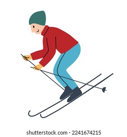 Character skiing icon, vector doodle illustration of skies in winter, activities on holidays, gliding on snow, winter sport, isolated colored clipart on white background
