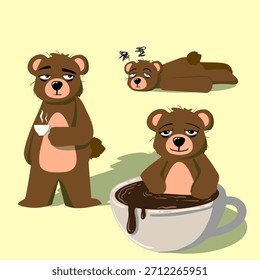 Personagem Urso sonolento, beber café, embeber em uma caneca de café, deitado se sentindo sonolento.
Vetor
