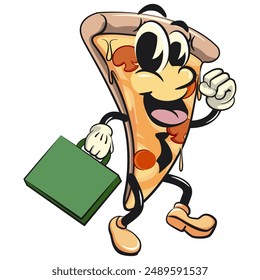 character of a slice pizza cartoon vector isolated clip art mascot illustration wearing a tie and carrying a suitcase rushing to the office, work of hand drawn