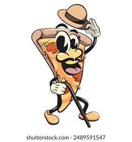 character of a slice pizza cartoon vector isolated clip art mascot illustration carrying a stick and saluting with raised hat, work of hand drawn