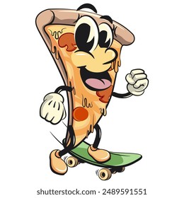 character of a slice pizza cartoon vector isolated clip art mascot illustration playing skateboarding, work of hand drawn