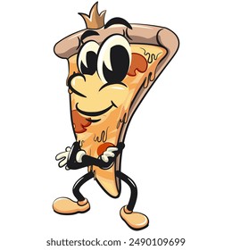 character of a slice pizza cartoon vector isolated clip art mascot illustration crowned like a king while folding his arms calmly, work of hand drawn