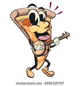 character of a slice pizza cartoon vector isolated clip art mascot illustration playing the banjo musical instrument, work of hand drawn