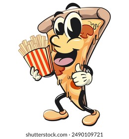 character of a slice pizza cartoon vector isolated clip art mascot illustration brought a box of french fries, work of hand drawn