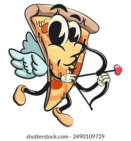 character of a slice pizza cartoon vector isolated clip art mascot illustration become a cupid with angel wings and carry the arrow of love, work of hand drawn