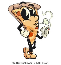 personaje de una porción de pizza Vector de dibujos animados aislado Clip arte mascota ilustración fumar tranquilamente, trabajo de dibujado a mano