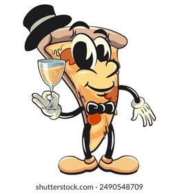 character of a slice pizza cartoon vector isolated clip art mascot illustration wearing a hat and bow tie raising a wine glass, work of hand drawn