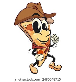 character of a slice pizza cartoon vector isolated clip art mascot illustration as cowboy, work of hand drawn