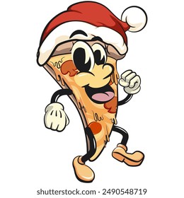 character of a slice pizza cartoon vector isolated clip art mascot illustration walking while wearing a Santa hat, work of hand drawn