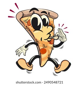 character of a slice pizza cartoon vector isolated clip art mascot illustration is blowing the whistle, work of hand drawn