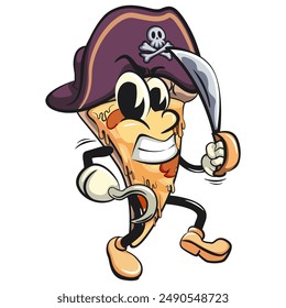 character of a slice pizza cartoon vector isolated clip art mascot illustration as pirate with dagger, work of hand drawn