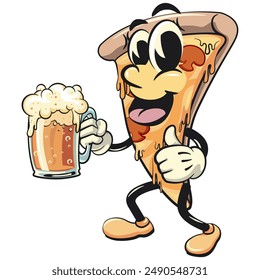 character of a slice pizza cartoon vector isolated clip art mascot illustration raising a large beer glass while giving a thumbs up, work of hand drawn