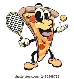 character of a slice pizza cartoon vector isolated clip art mascot illustration playing tennis, work of hand drawn