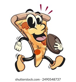 character of a slice pizza cartoon vector isolated clip art mascot illustration playing rugby and american football, work of hand drawn