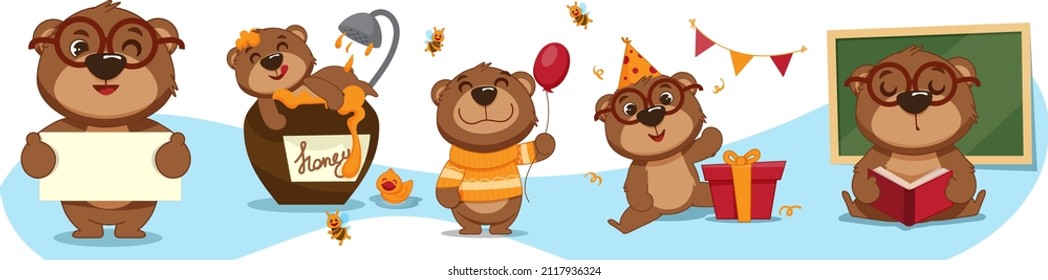 The character is a small bear. Children's illustration. Cute cartoon style.