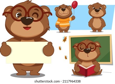 The character is a small bear. Children's illustration. Cute cartoon style.