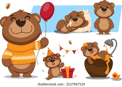 The character is a small bear. Children's illustration. Cute cartoon style.