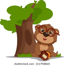 The character is a small bear under a tree with a pot of honey. Children's illustration. Cute cartoon style.