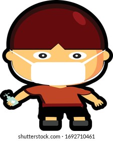 the character of a small child standing holding a hand sanitizer, telling people to take care of the health of the cartoon character vector design.