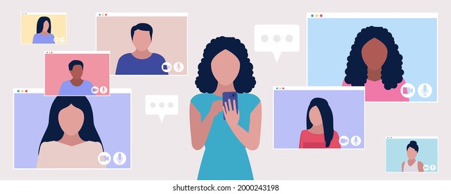 Carácter con smartphone. Llamada en video a un amigo, estudiar en línea, reunión de negocios. Ilustración de vector plana colorida.