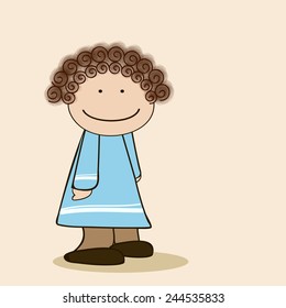 Character of a smiling girl wearing sky blue dress with curly brown hair.