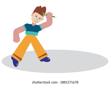 Character of a smiling man throwing a dart. Blank space in front of him.