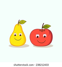 Character of smiling pear and apple with green leaf.
