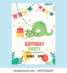 Character snake with cake birthday invitation template