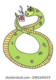 character snake who drinks coffee curled up in a figure eight. vector stock image