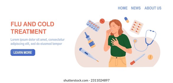 Character Sneezing and Coughing. Prevention against Virus and Infection.Young Woman Having a Cold. Flu and Sickness Concept. Doctors Treat Patient with Pills, Capsules. Influenza Treatment